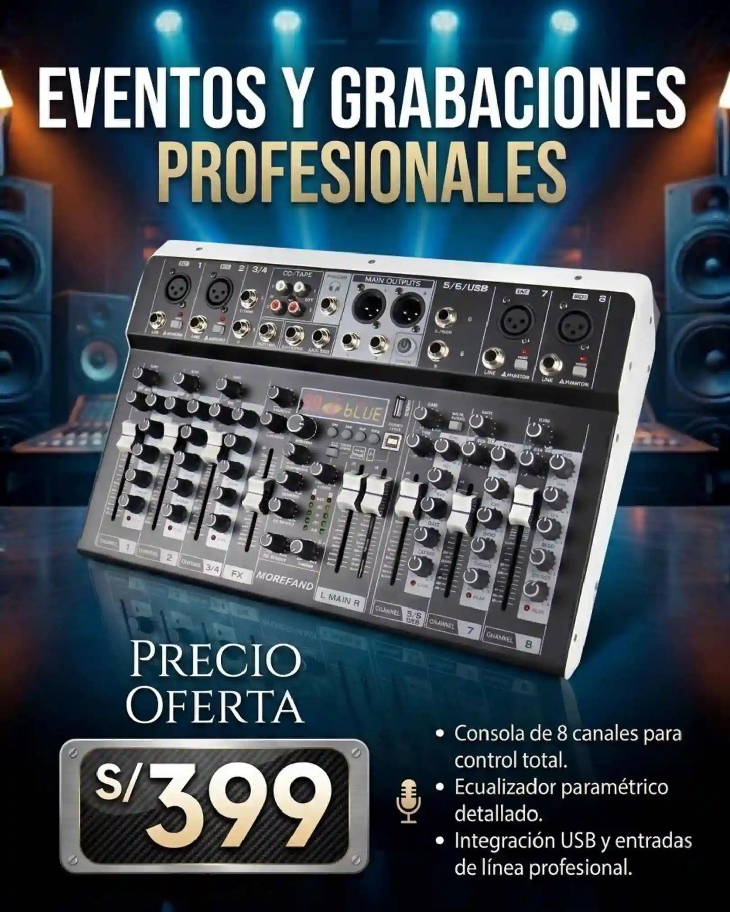 MEZCLADORA DE AUDIO DE 8 CANALES PROFESIONAL